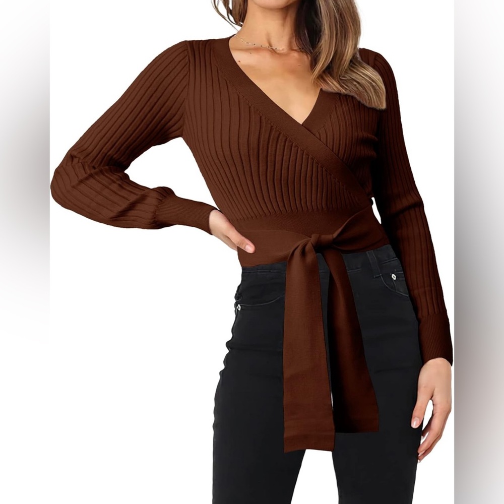EUC BTFBM Women Wrap Deep V Neck Long Sleeve Cropped Pull Over Sweater